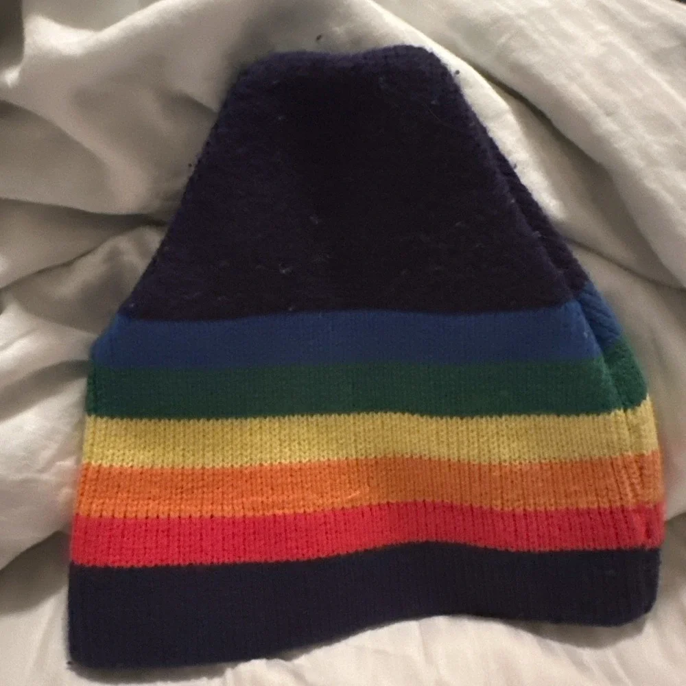 Vintage 80s Rainbow Striped Knit Beanie Ski Toque Wool Cap Hippie Pride Pom Hat
